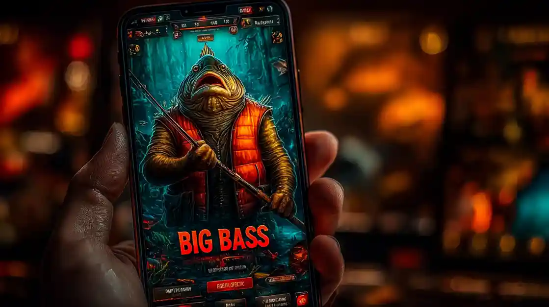 A close-up of a hand holding a smartphone showcasing a BIG BASS fishing game, featuring an anthropomorphic fish character, highlighting the engaging casual games on 1777bd.