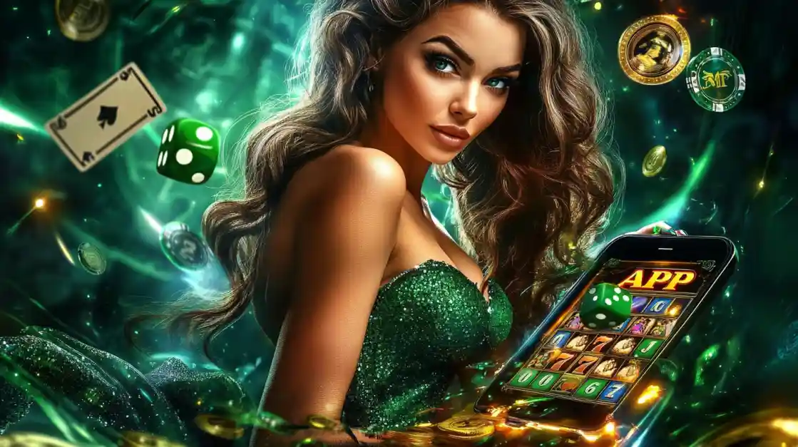 An enchanting woman with flowing hair, adorned in green, gazes captivatingly, surrounded by floating cards, dice, and coins, alongside a smartphone featuring the 1777bd gaming app.