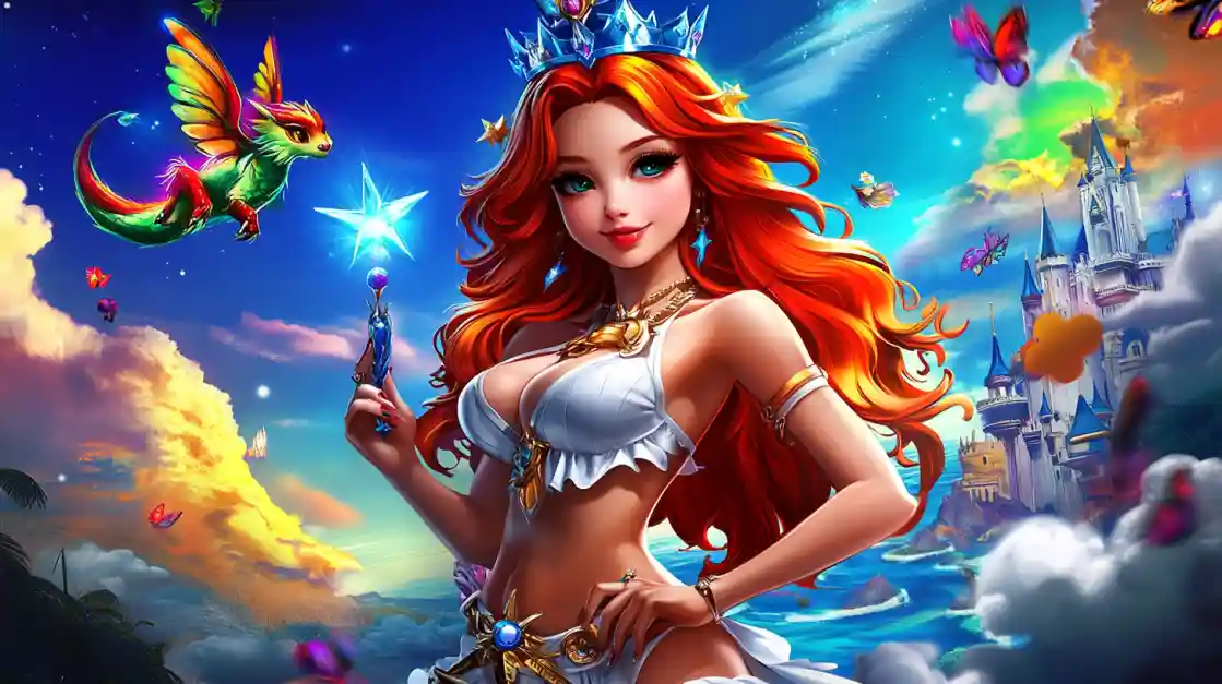 A vibrant fantasy scene featuring a beautiful princess with fiery red hair and a crown, holding a magic wand, with a small winged dragon and a fairytale castle in the background, embodying the magical world of 1777bd.
