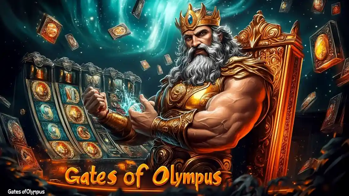 A majestic Zeus figure on a golden throne, surrounded by floating cards and a 1777bd slot machine, with Gates of Olympus prominently displayed, inviting players to a mythical gaming experience.