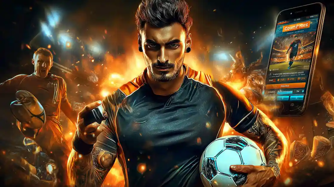 An intense male soccer player with tattoos holds a football, looking confidently at the camera with a 1777bd sports betting app on a phone beside him, all set against a fiery action background.