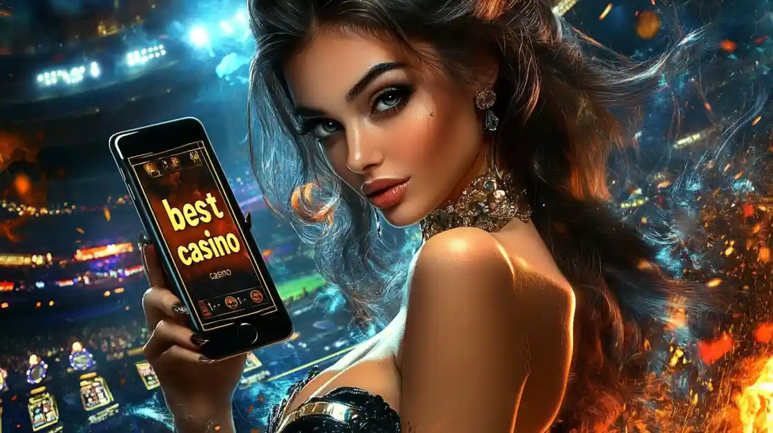 An alluring woman holds a smartphone with the best casino app from 1777bd glowing on the screen, set against the backdrop of a brightly lit stadium and ambient flames.